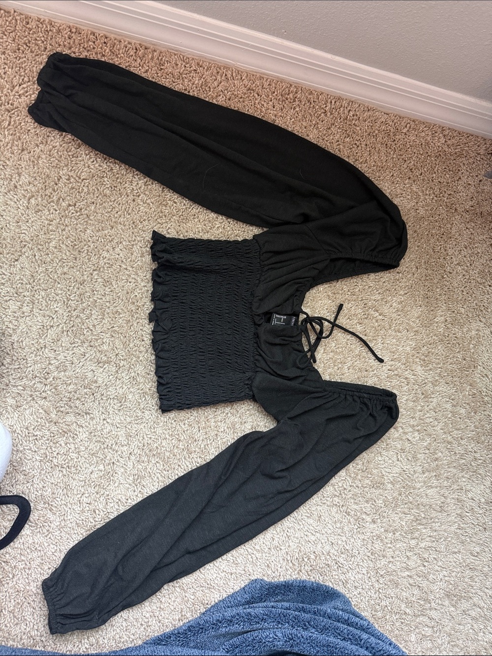 Black Smocked Long Sleeve Top